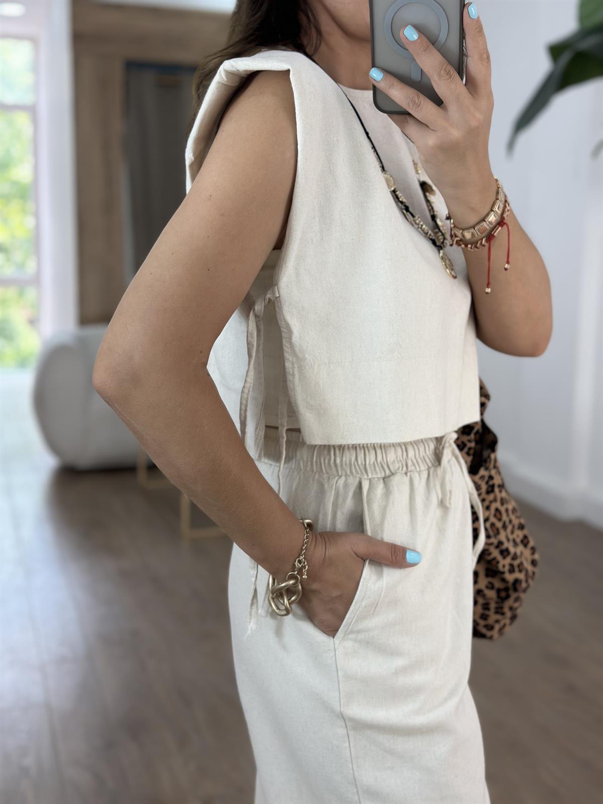 Keten Vatkalı Crop Pantolon Takım - Ekru