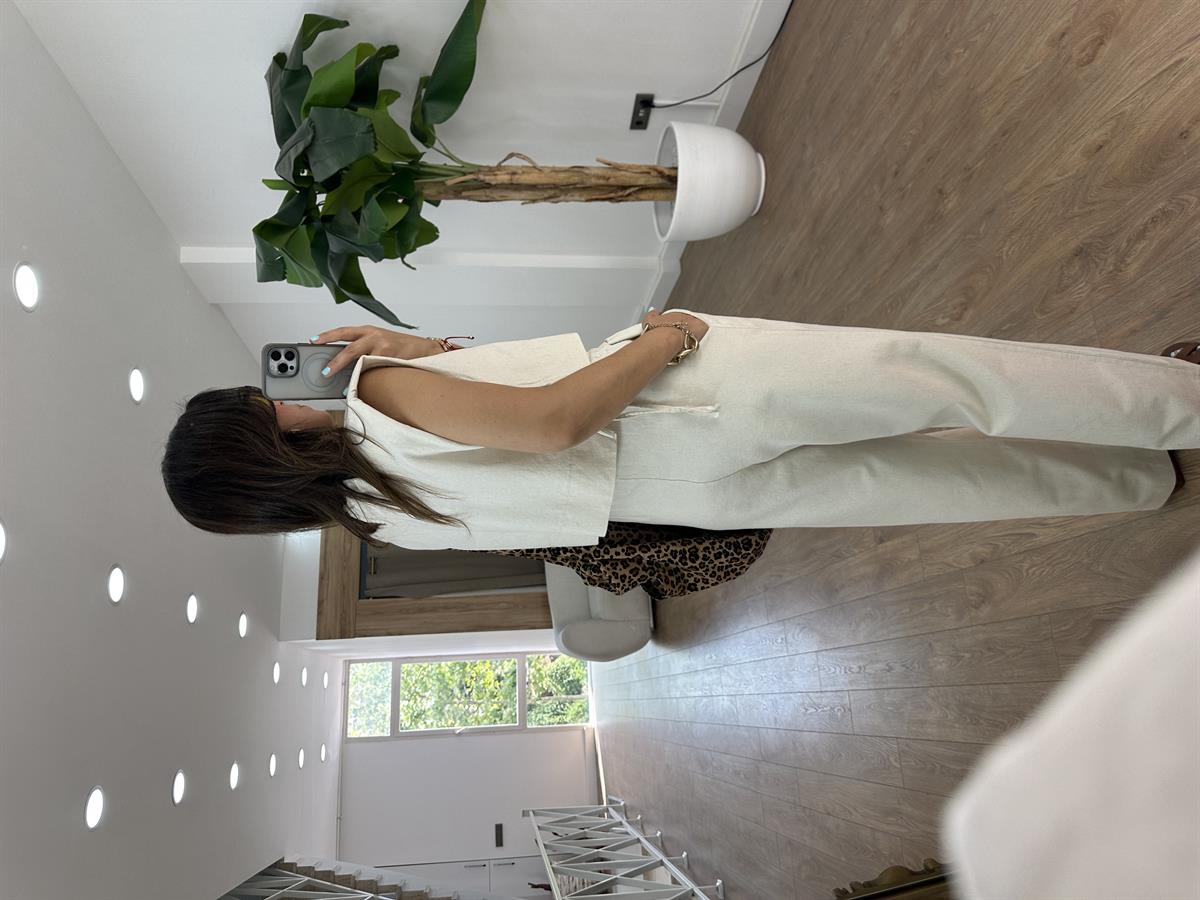 Keten Vatkalı Crop Pantolon Takım - Ekru
