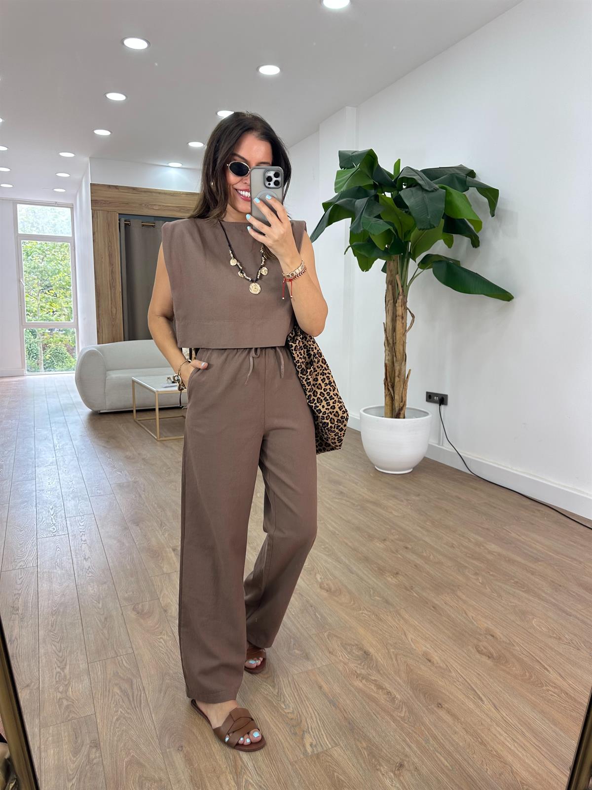 Keten Vatkalı Crop Pantolon Takım - Kahverengi