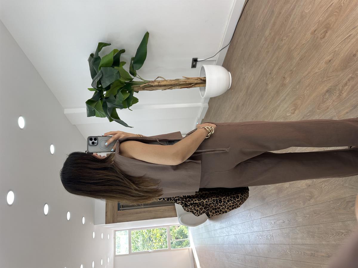 Keten Vatkalı Crop Pantolon Takım - Kahverengi