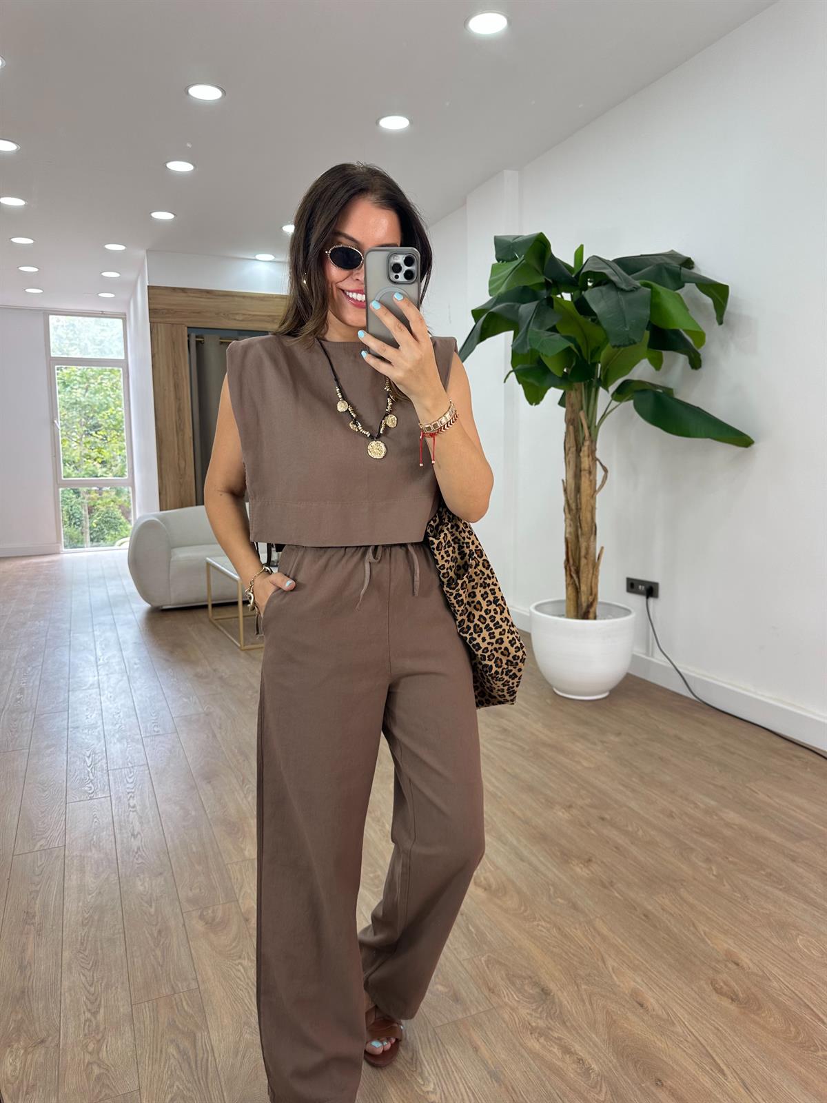 Keten Vatkalı Crop Pantolon Takım - Kahverengi