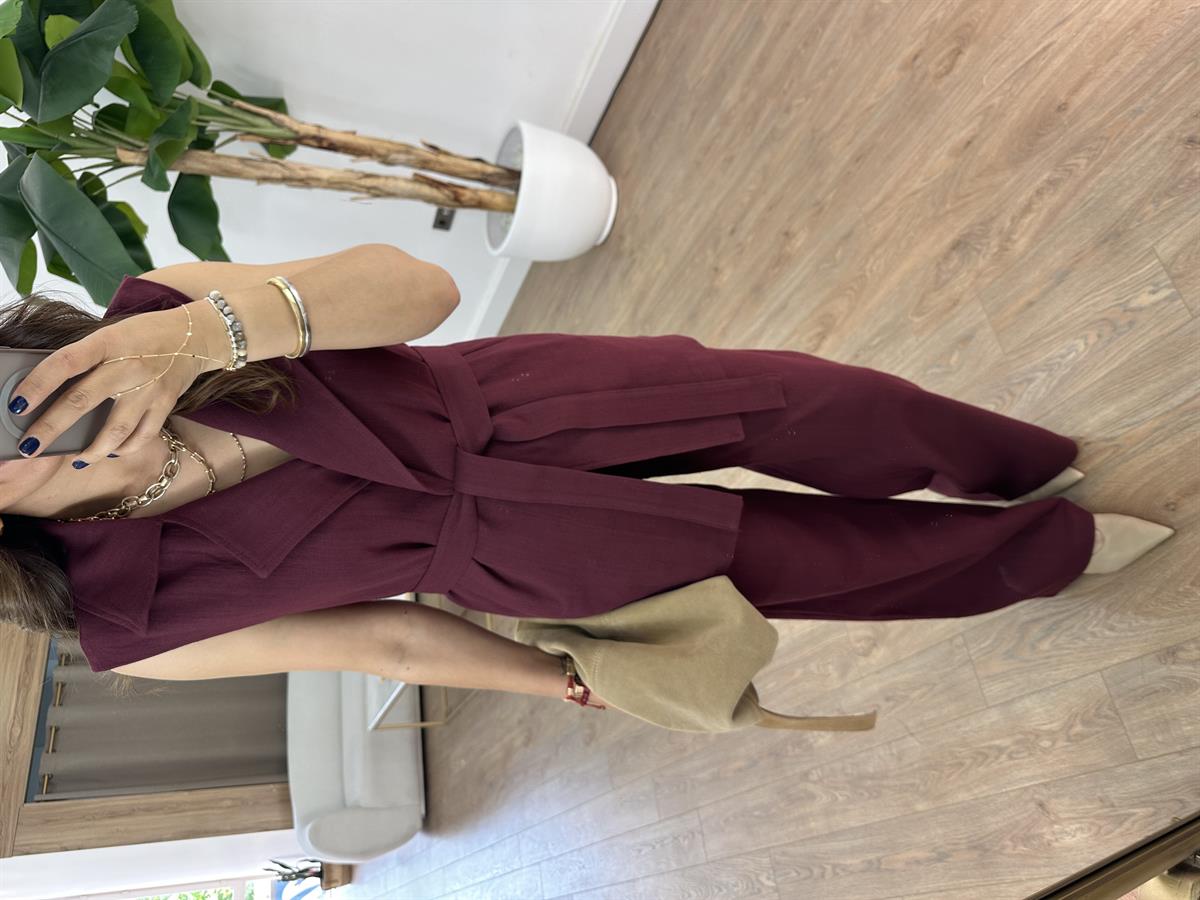 Keten Yelek Pantolon Takım - Bordo