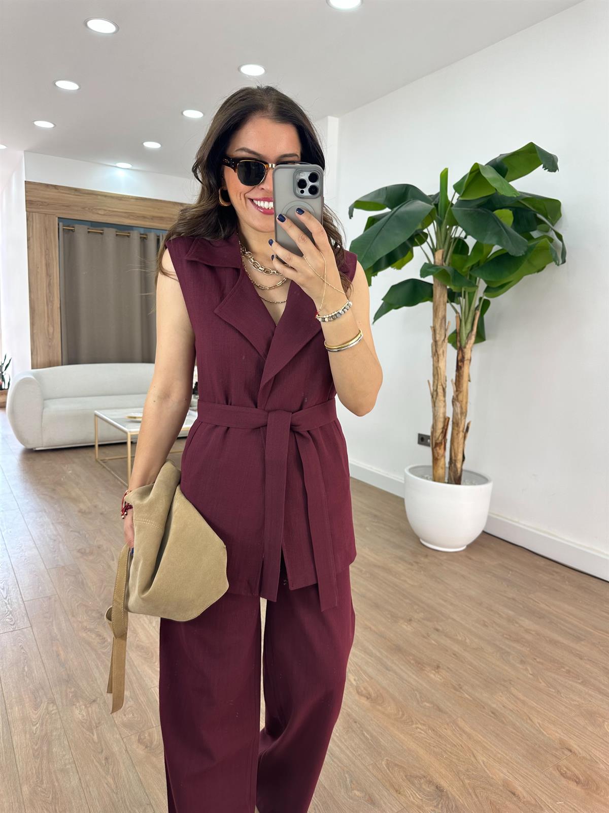 Keten Yelek Pantolon Takım - Bordo