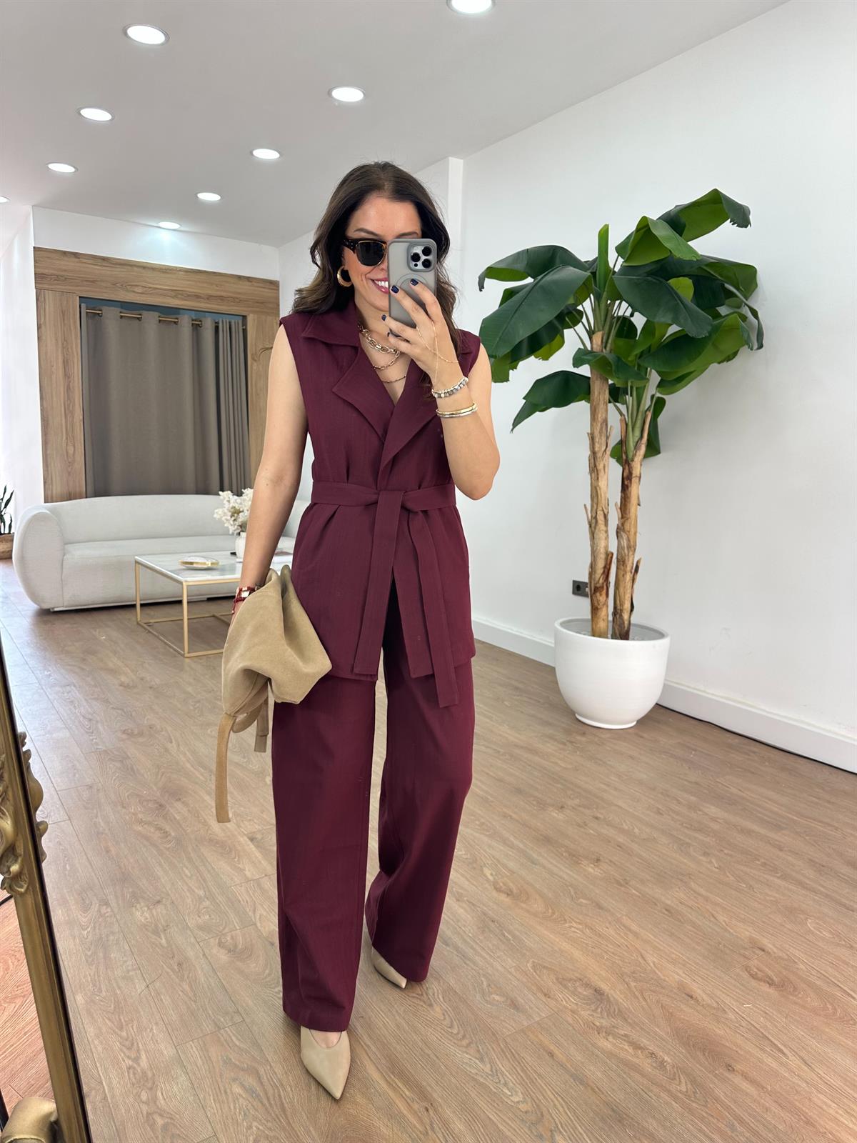 Keten Yelek Pantolon Takım - Bordo