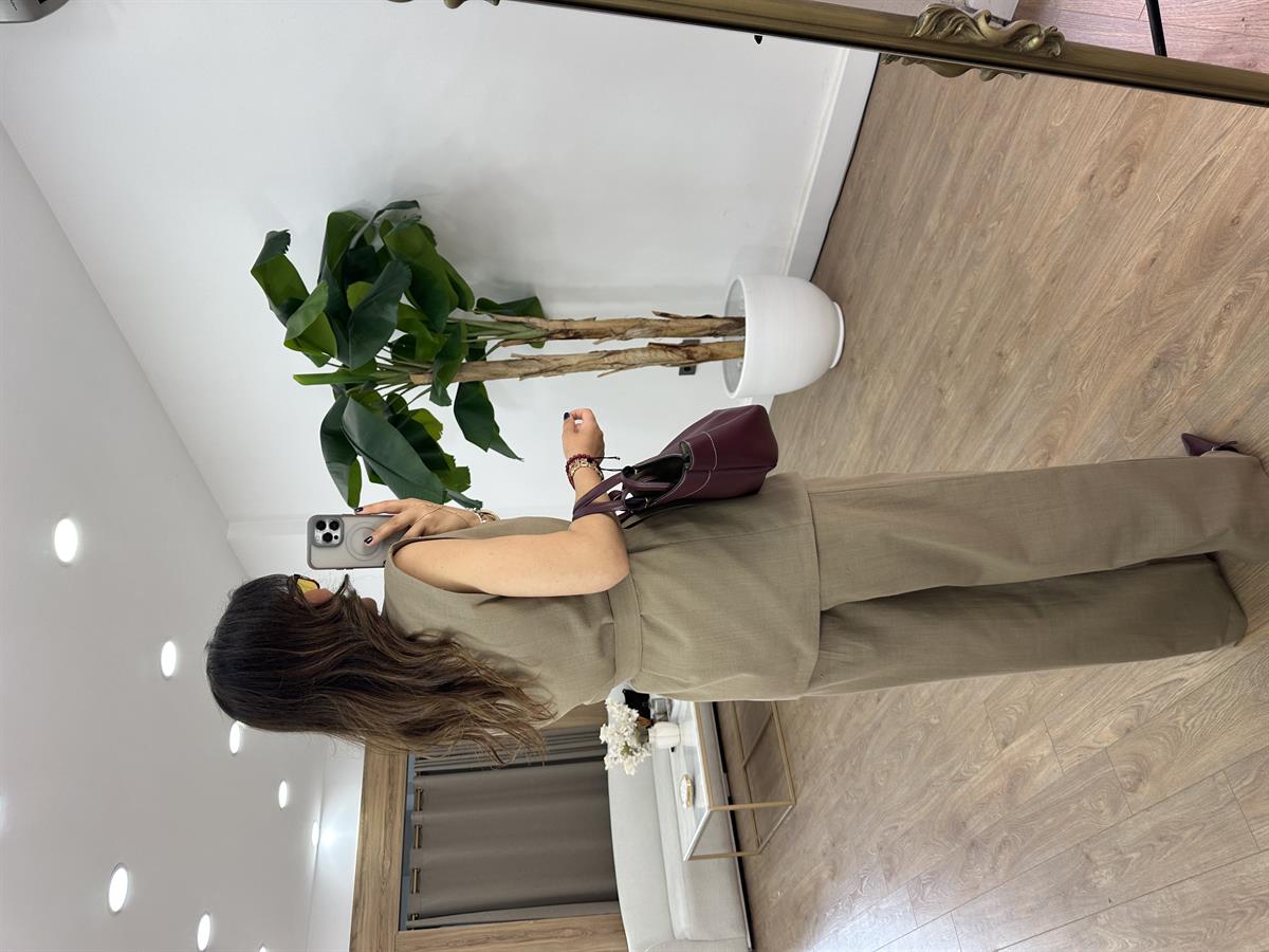 Keten Yelek Pantolon Takım - Haki