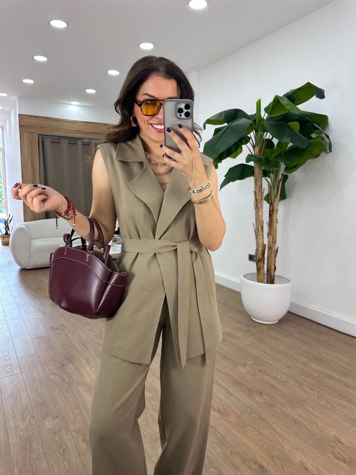 Keten Yelek Pantolon Takım - Haki