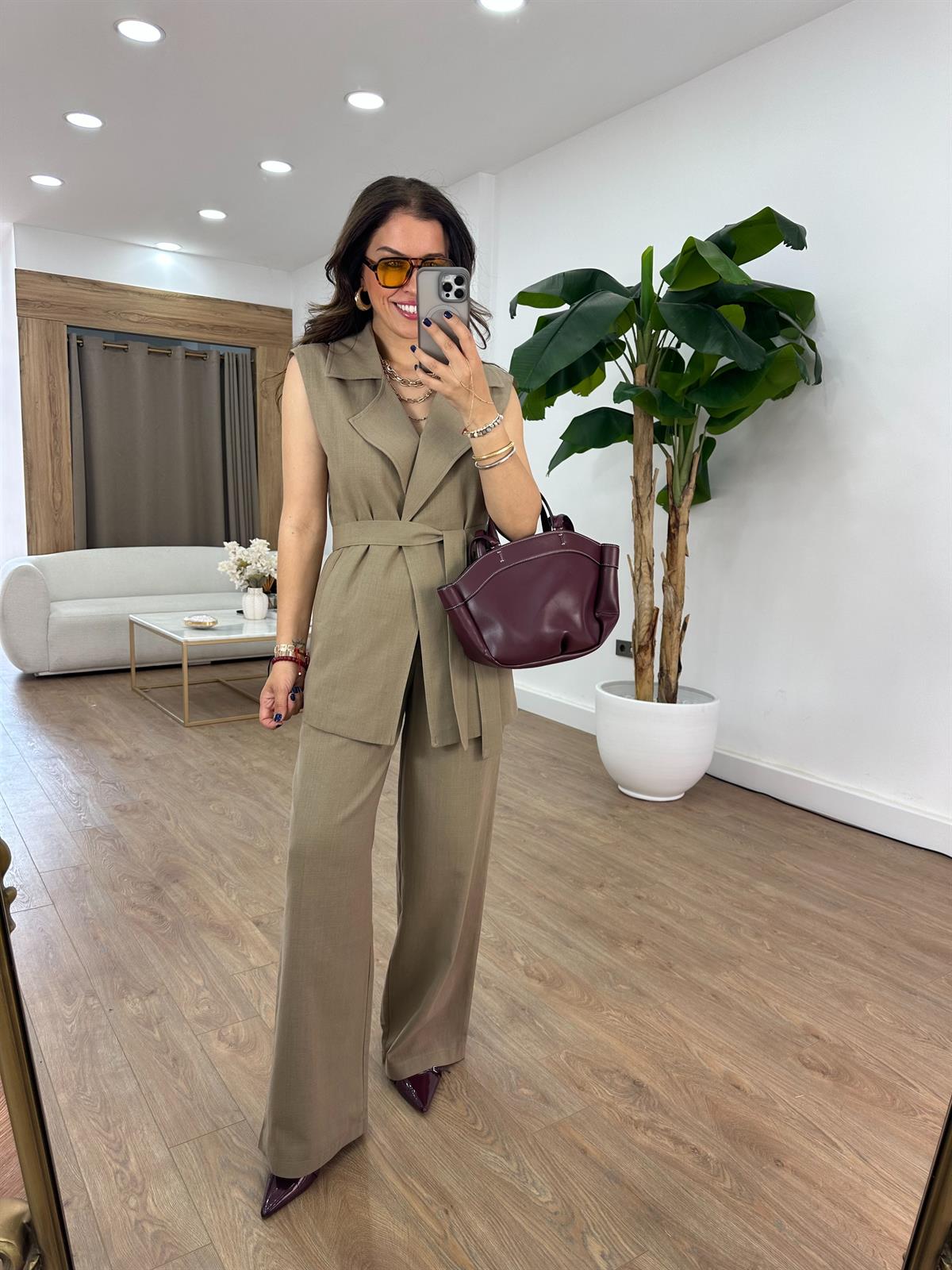 Keten Yelek Pantolon Takım - Haki