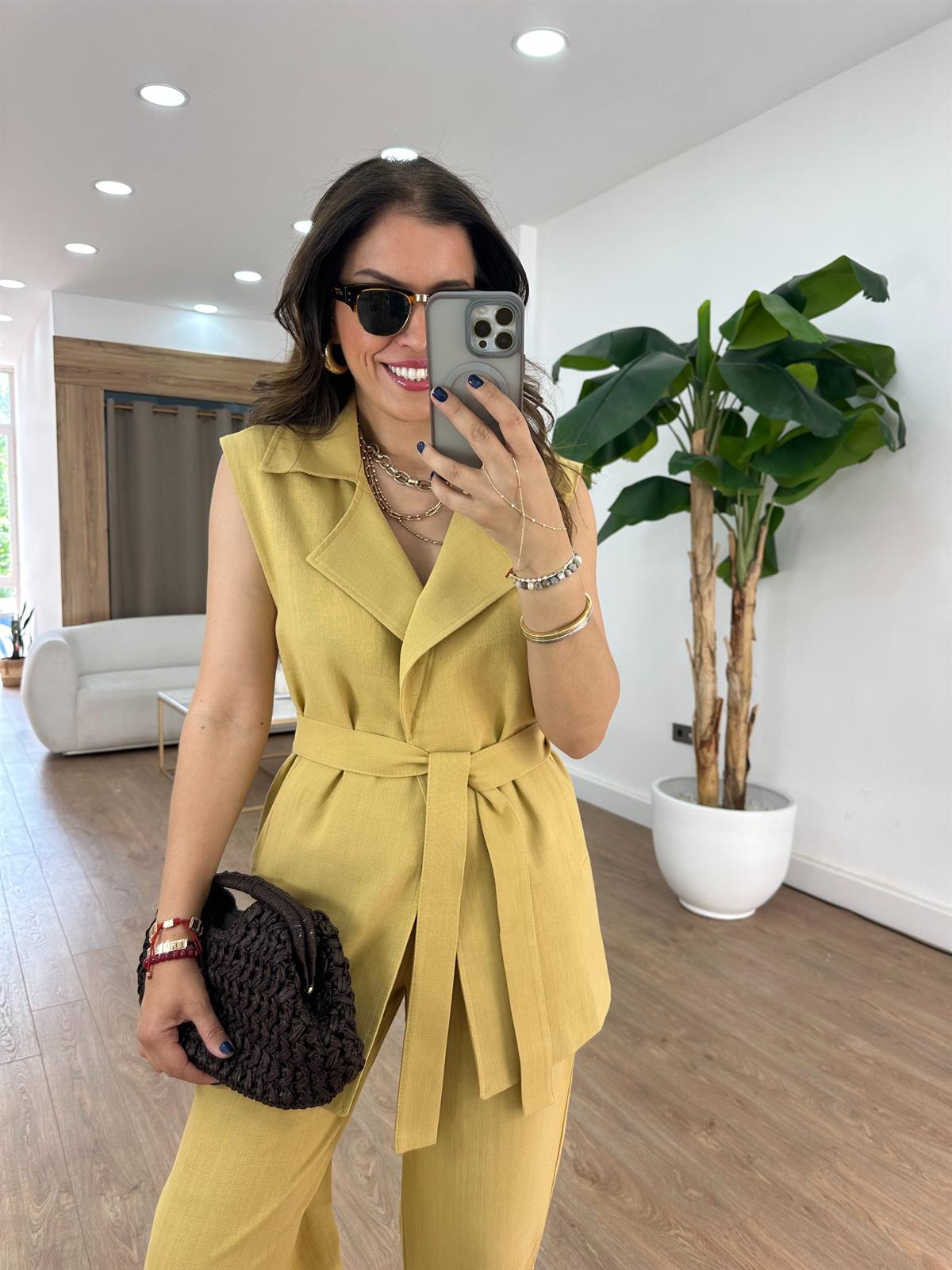 Keten Yelek Pantolon Takım - Hardal