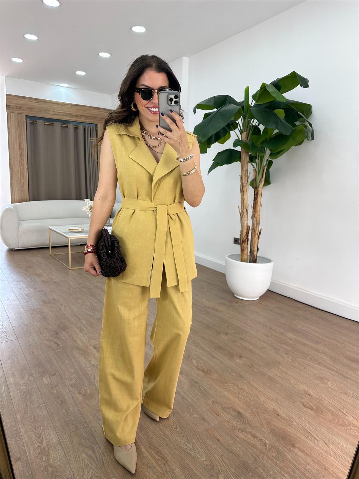 Keten Yelek Pantolon Takım - Hardal