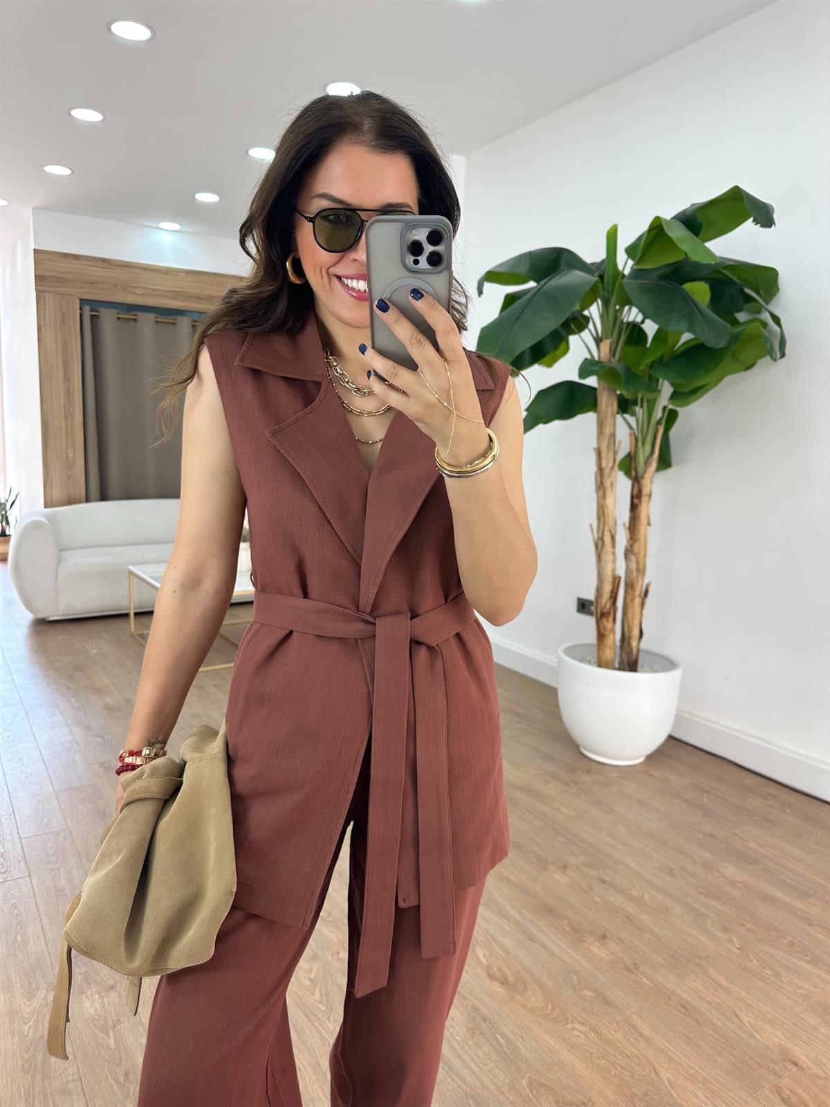 Keten Yelek Pantolon Takım - Kiremit