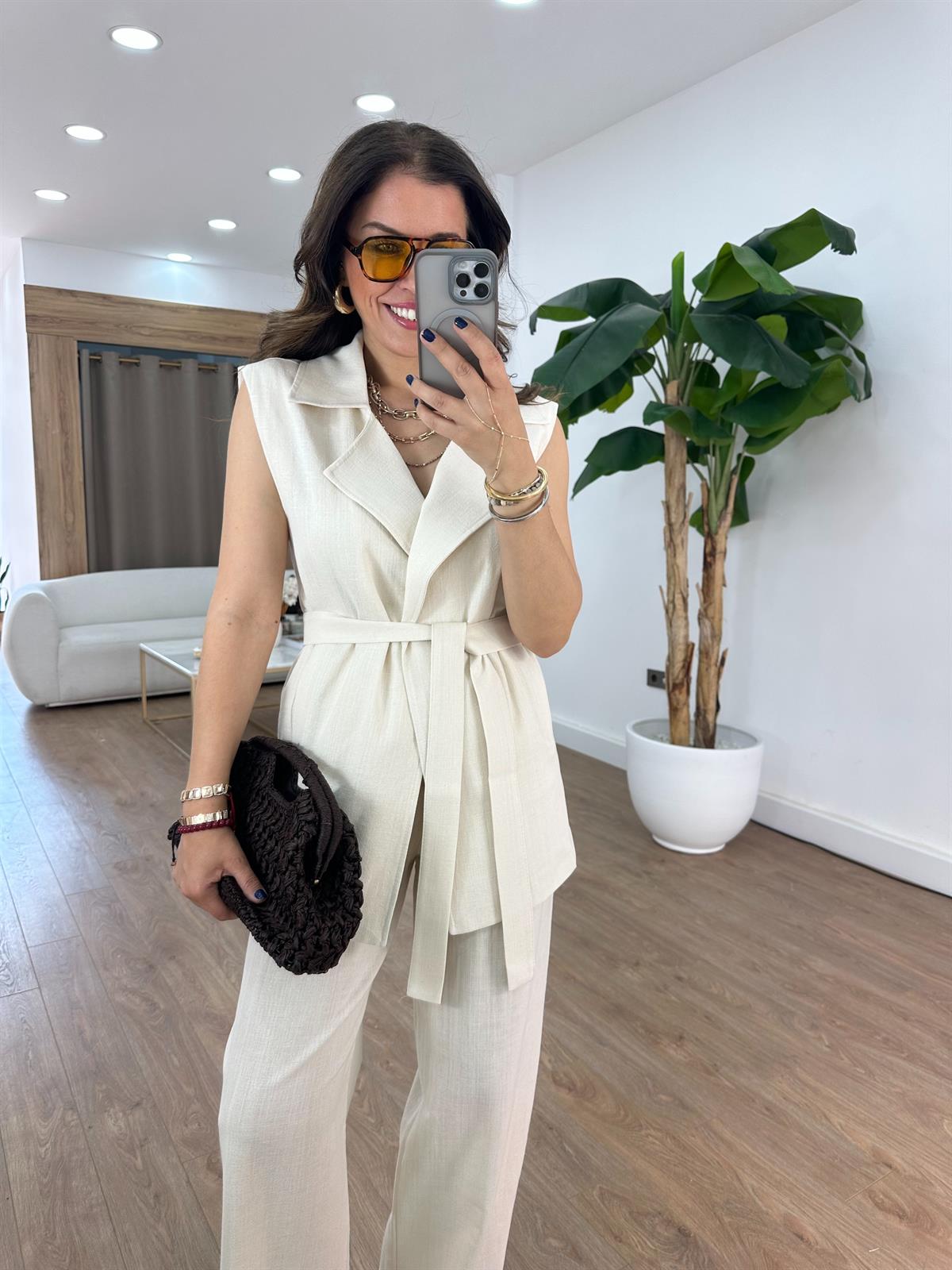 Keten Yelek Pantolon Takım - Taş