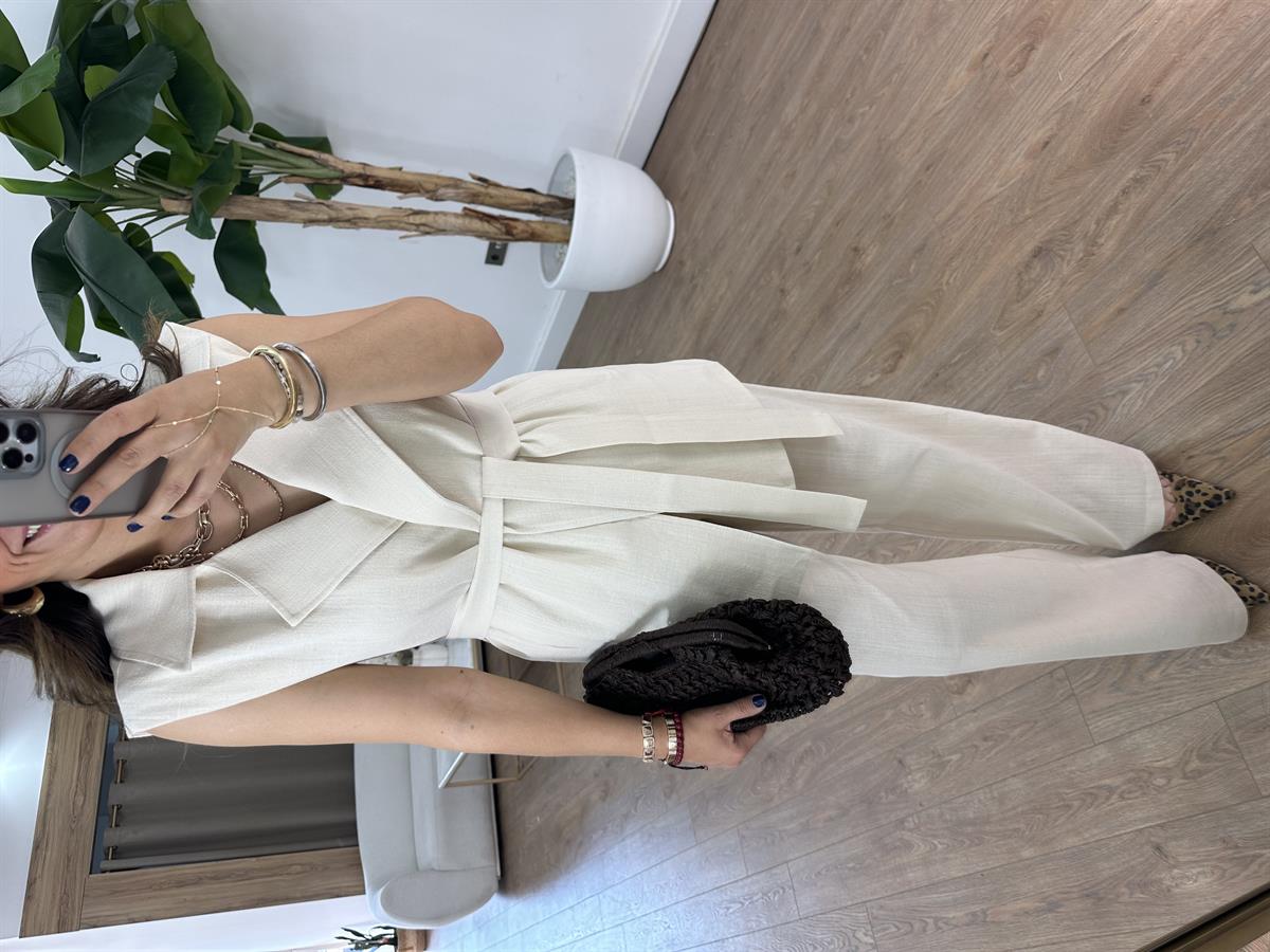 Keten Yelek Pantolon Takım - Taş