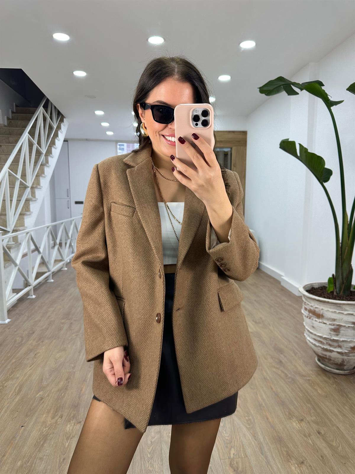 Kırçıllı Kaşe Oversize Ceket-Kahverengi