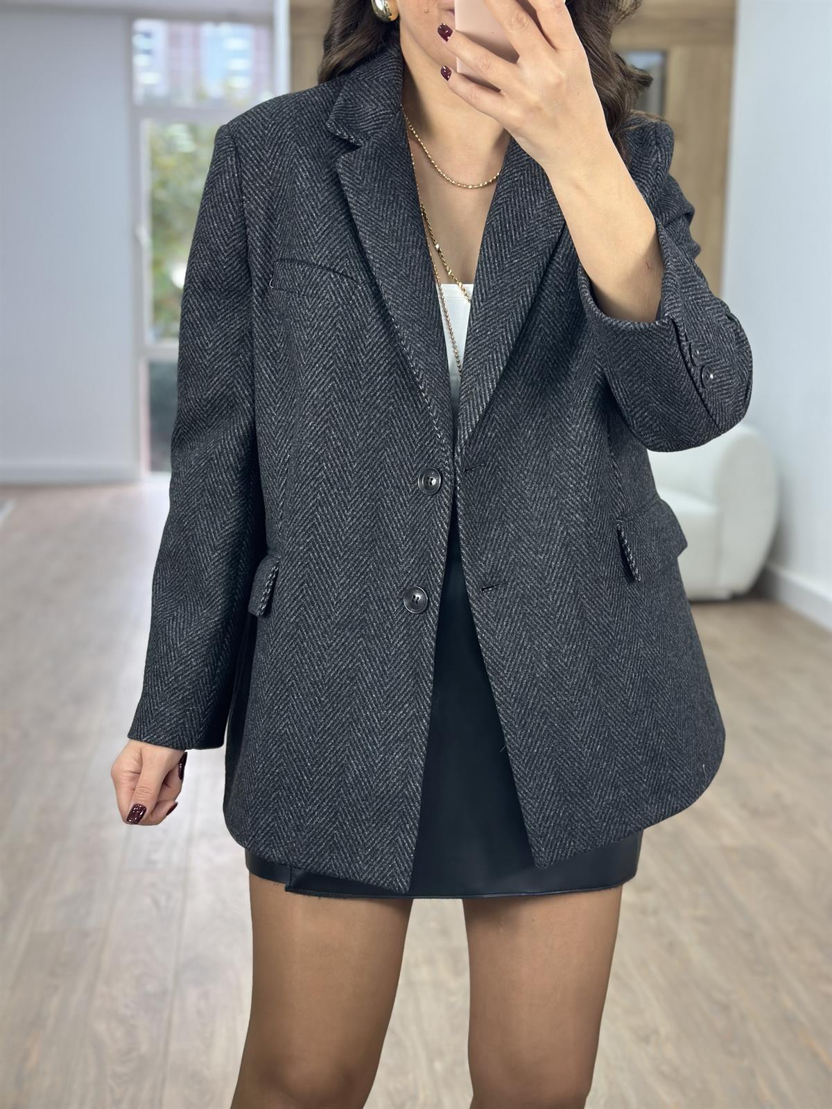 Kırçıllı Kaşe Oversize Ceket-Siyah