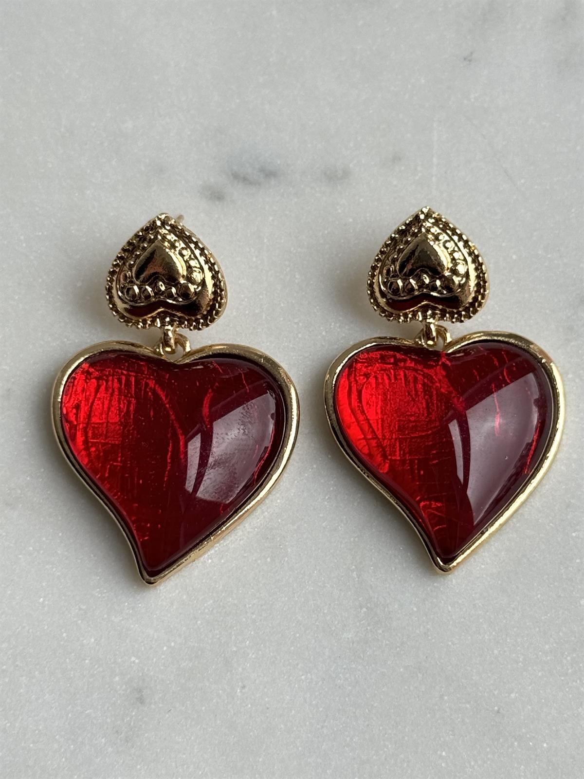 Kırmızı Gold Kalp Detay Küpe 4 cm