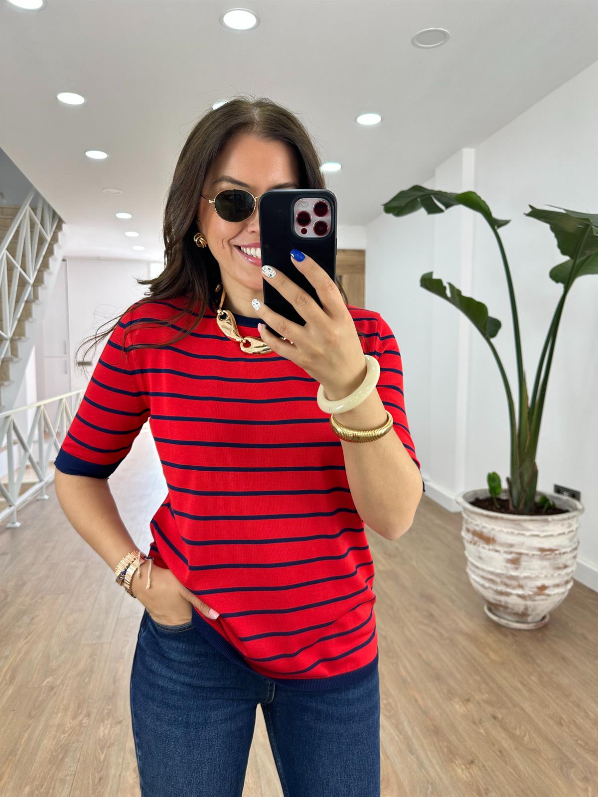 Kırmızı Üzeri Lacivert Çizgili Merserize Triko