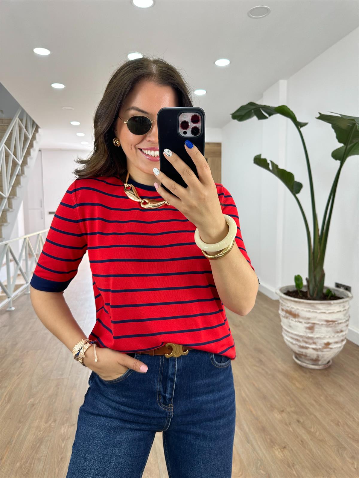 Kırmızı Üzeri Lacivert Çizgili Merserize Triko