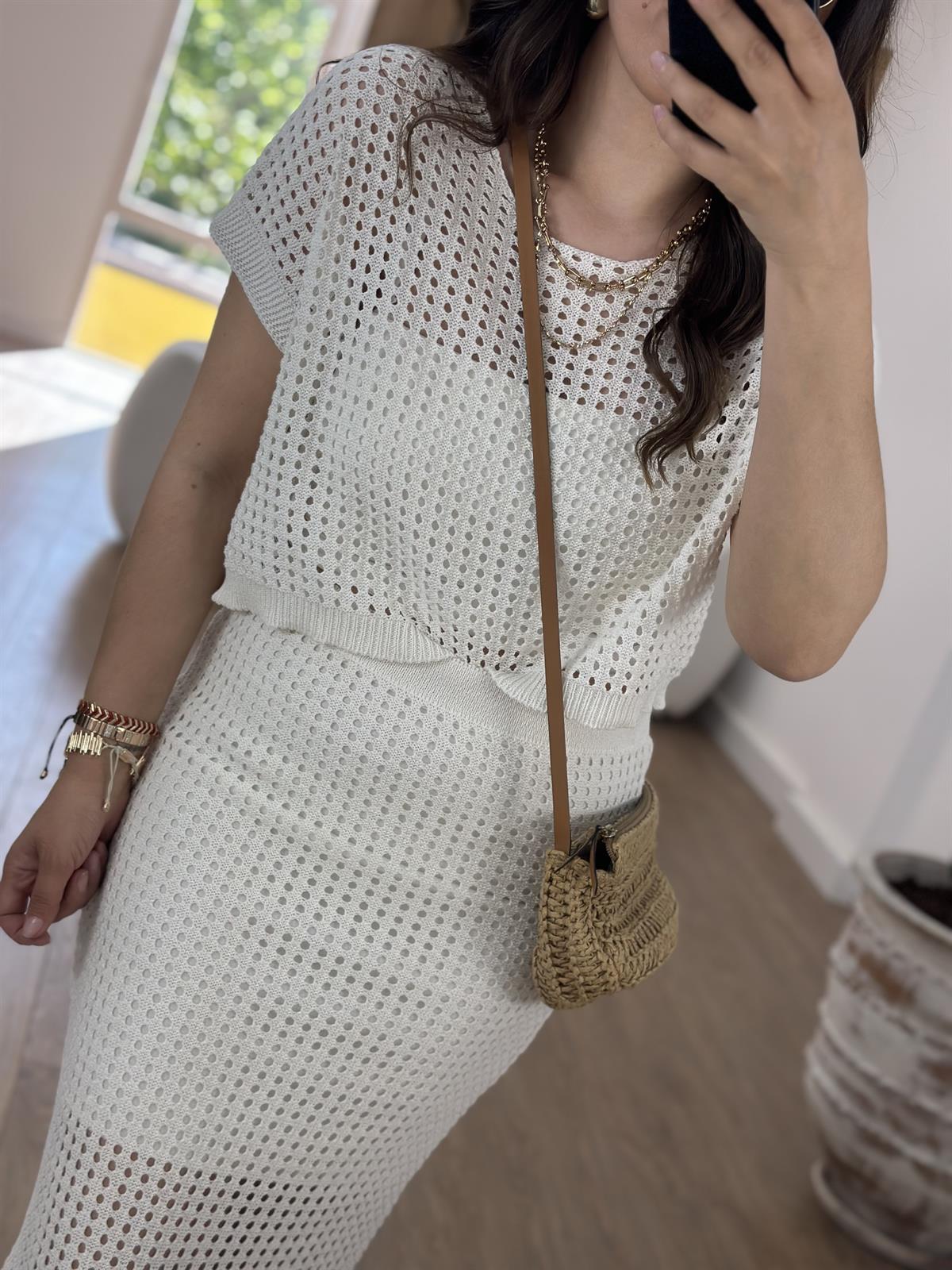 Kısa Kol Ajurlu Etekli Takım-Ekru