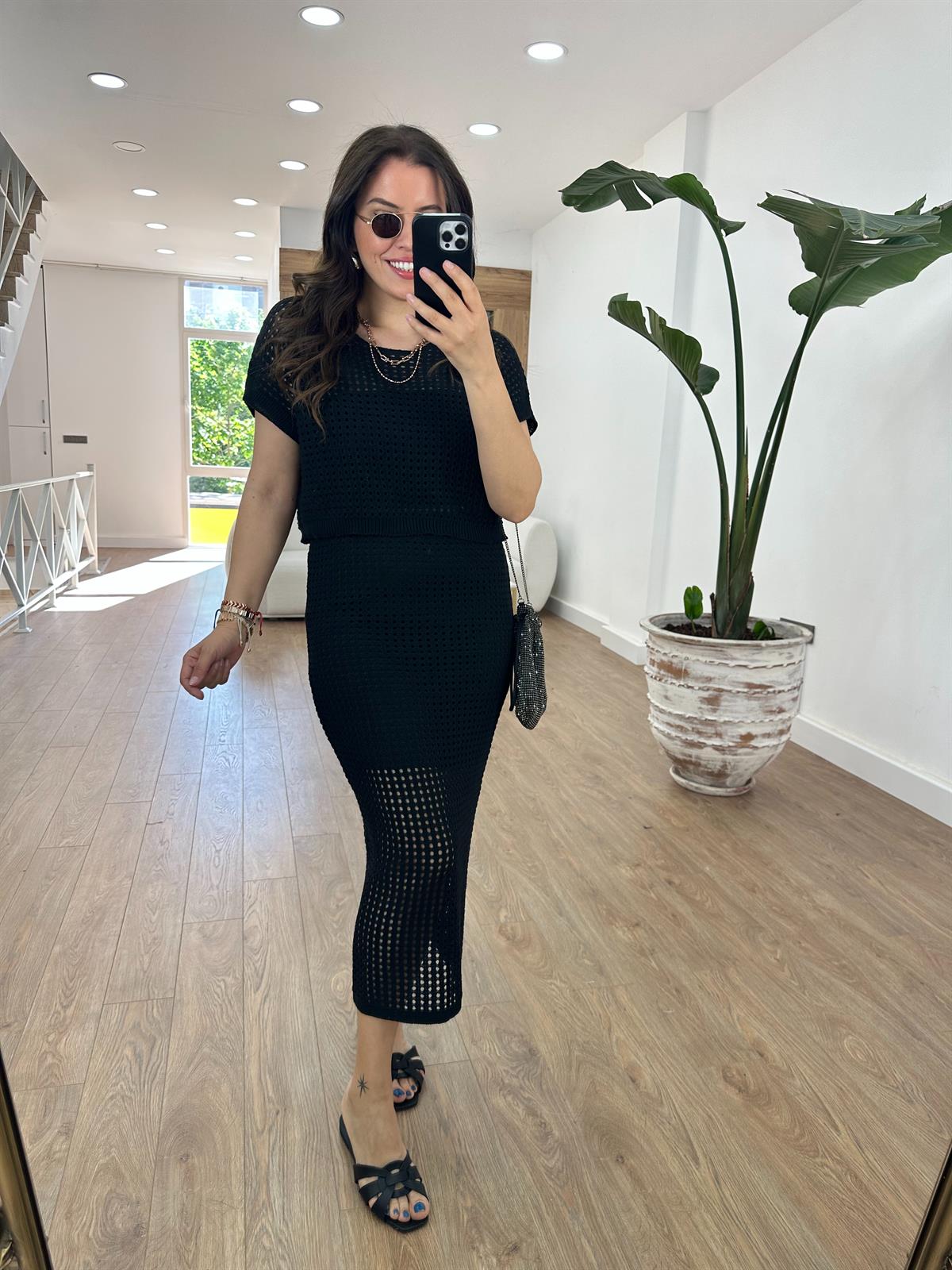 Kısa Kol Ajurlu Etekli Takım-Siyah