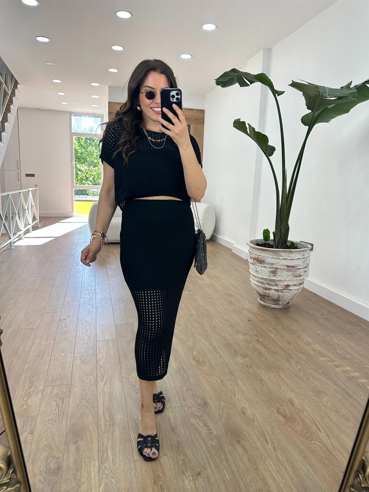 Kısa Kol Ajurlu Etekli Takım-Siyah