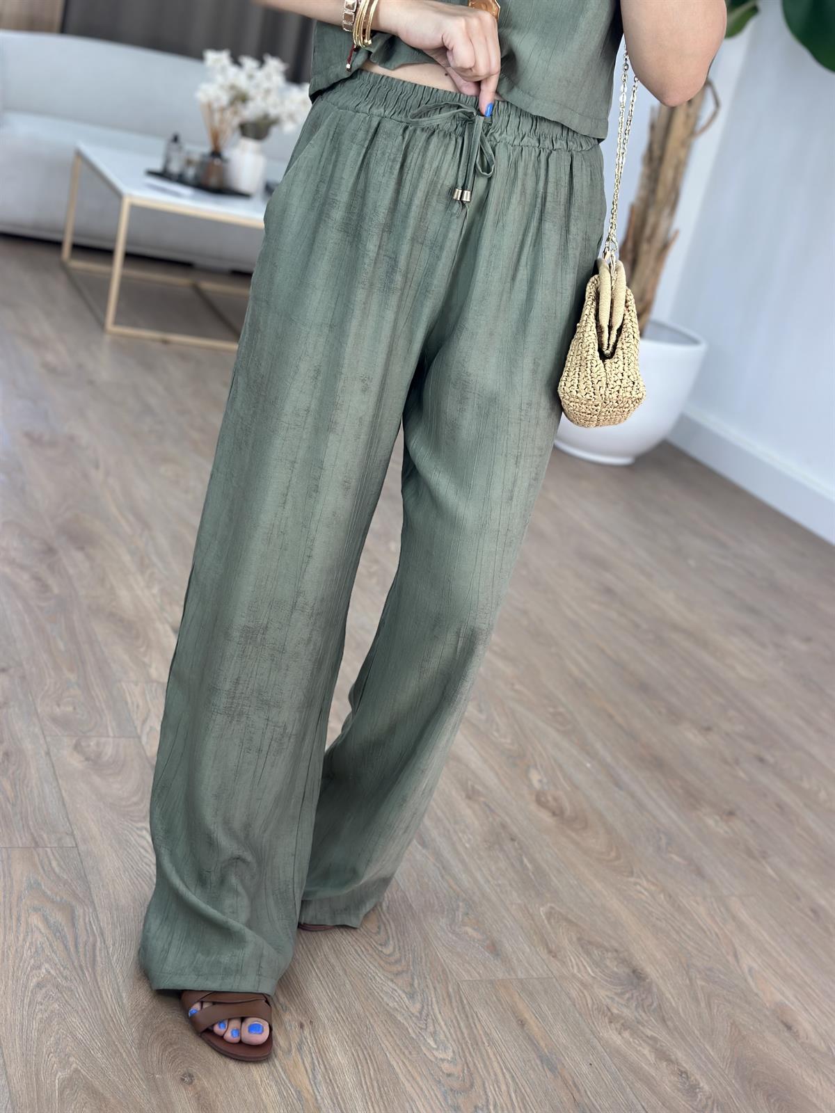 Kısa Kol Bluz Pantolon Tiril Takım - Haki