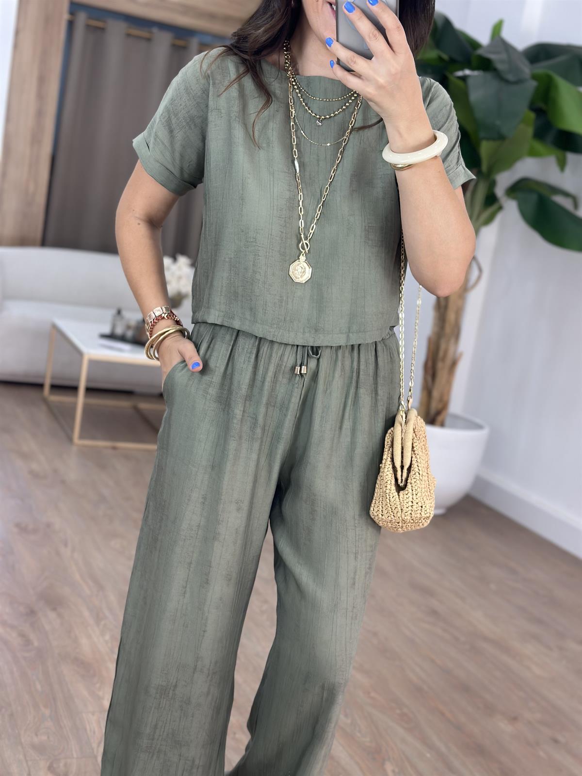 Kısa Kol Bluz Pantolon Tiril Takım - Haki