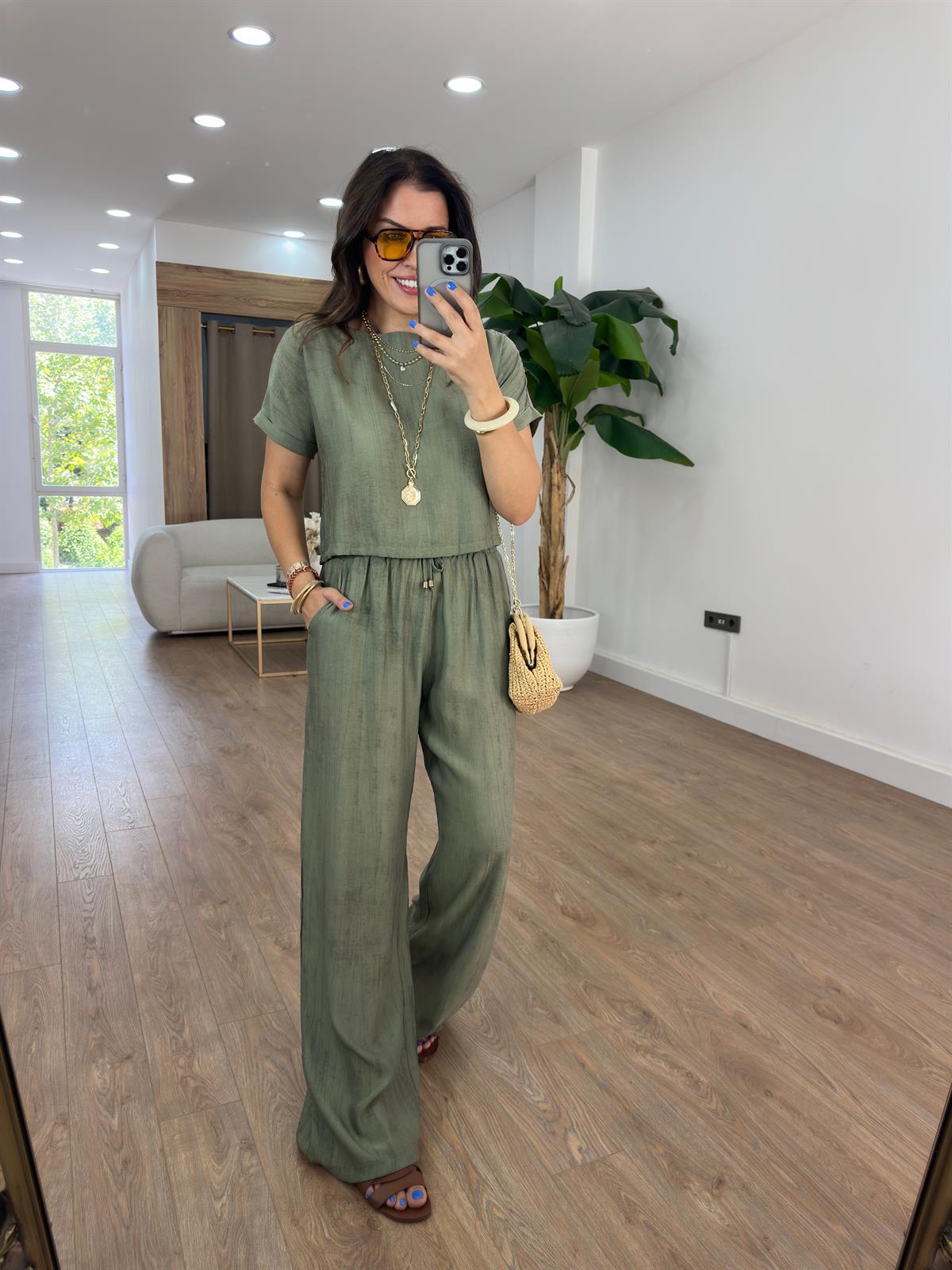 Kısa Kol Bluz Pantolon Tiril Takım - Haki