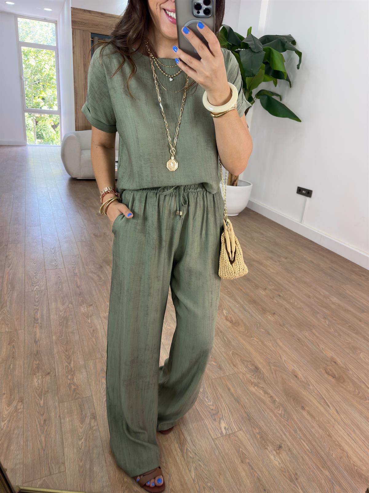 Kısa Kol Bluz Pantolon Tiril Takım - Haki