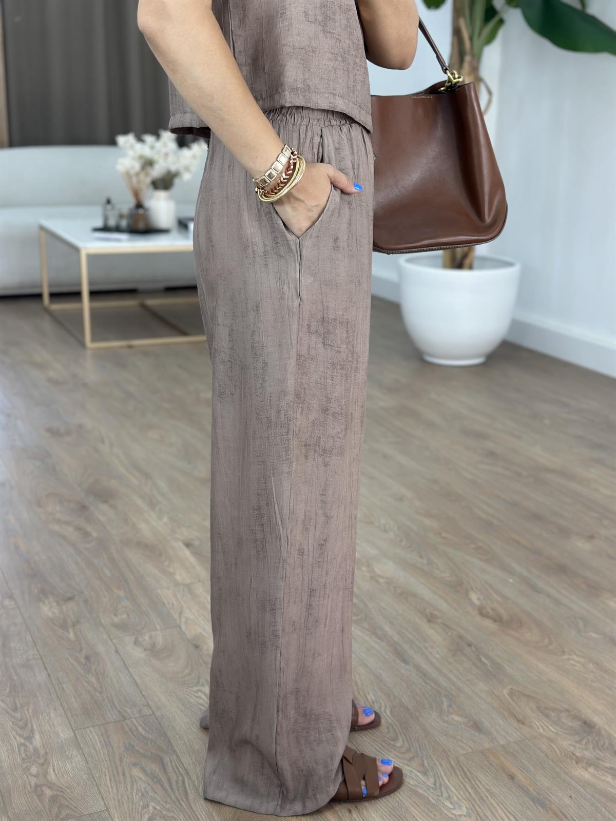 Kısa Kol Bluz Pantolon Tiril Takım - Kahve