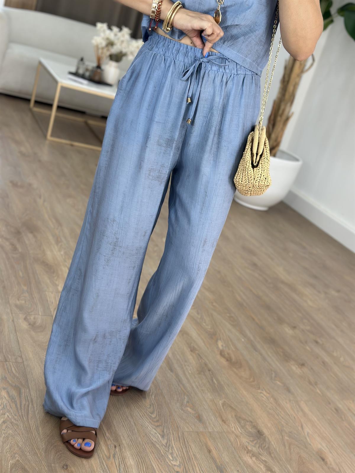 Kısa Kol Bluz Pantolon Tiril Takım - Mavi