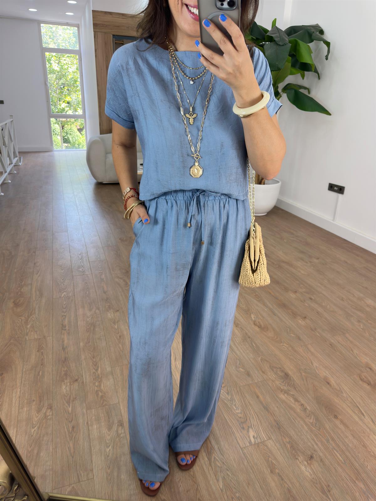 Kısa Kol Bluz Pantolon Tiril Takım - Mavi