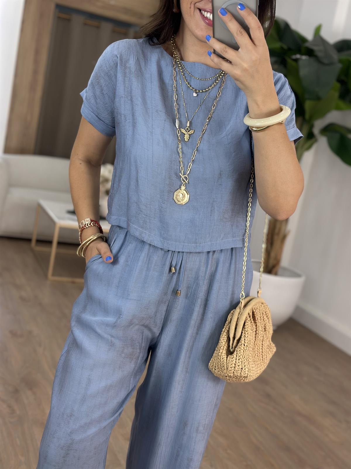 Kısa Kol Bluz Pantolon Tiril Takım - Mavi