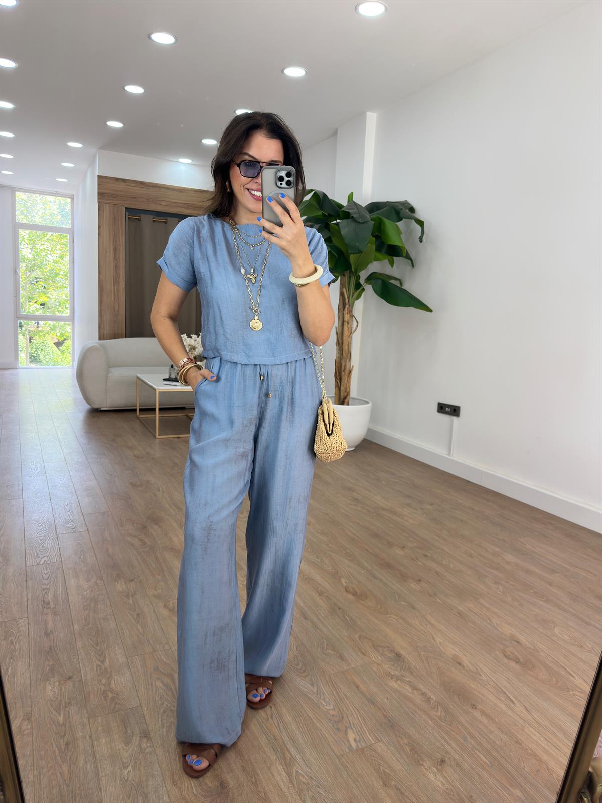 Kısa Kol Bluz Pantolon Tiril Takım - Mavi