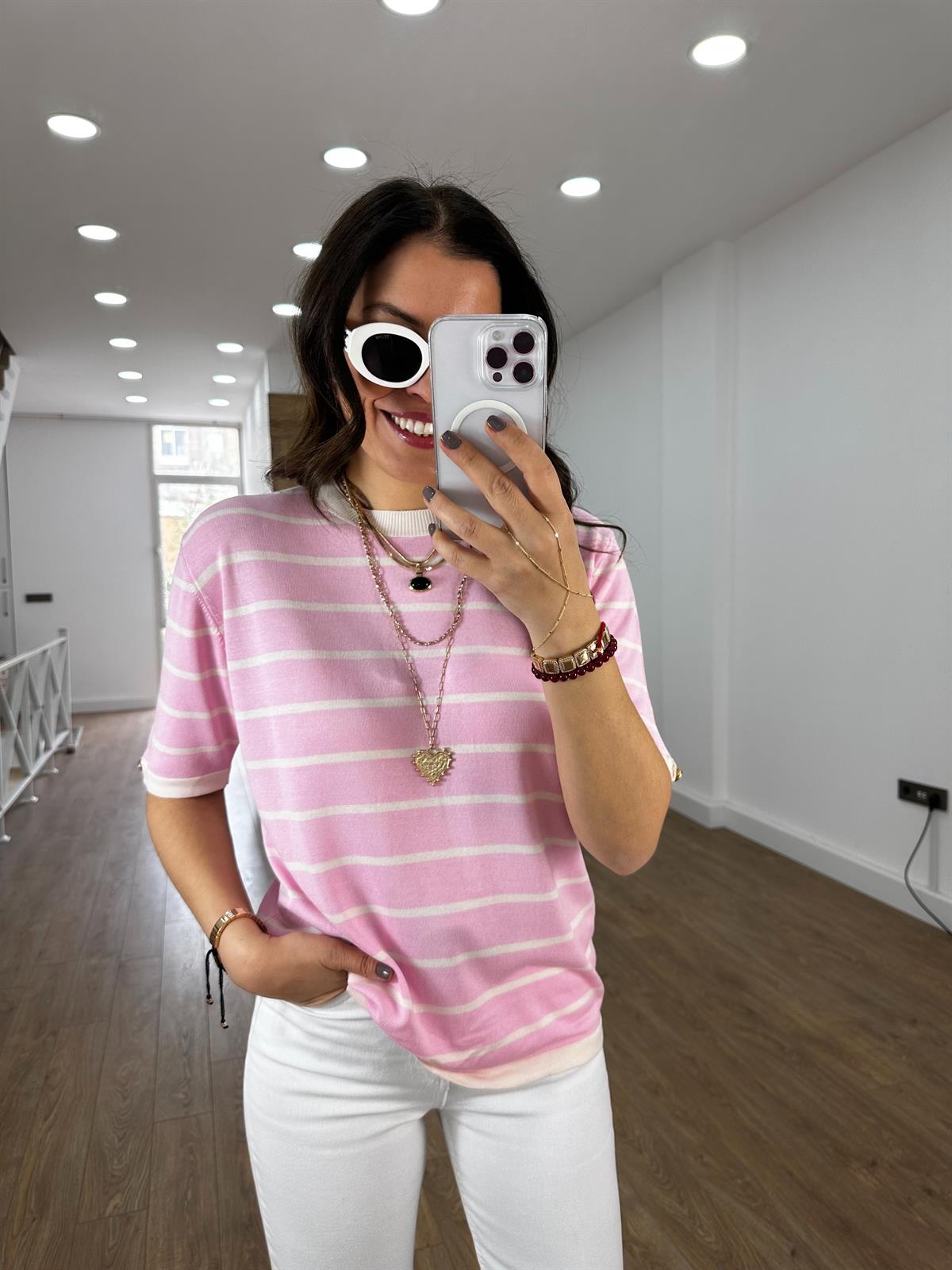 Kısa Kol Çizgili Merserize Triko - Pembe