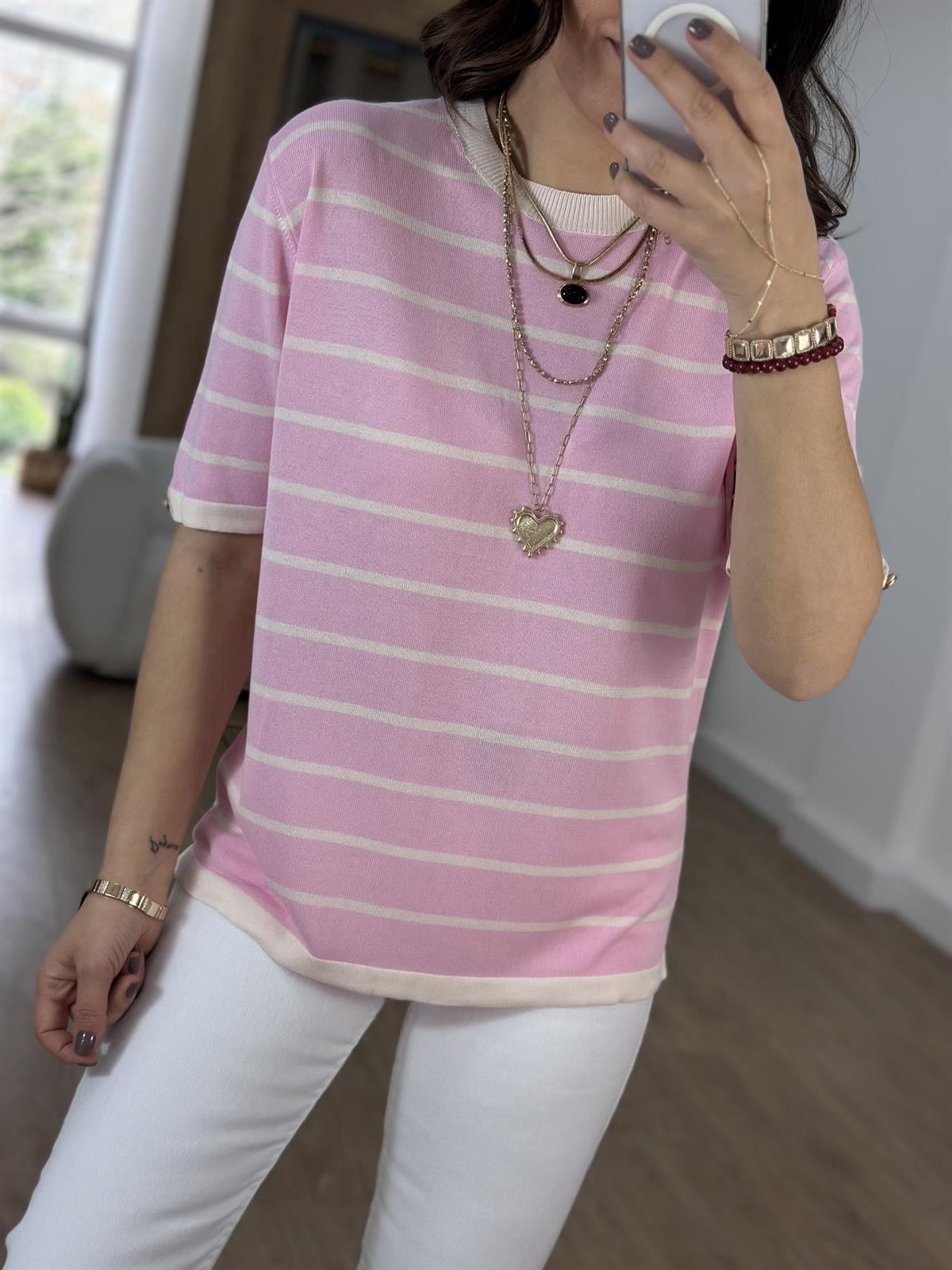 Kısa Kol Çizgili Merserize Triko - Pembe