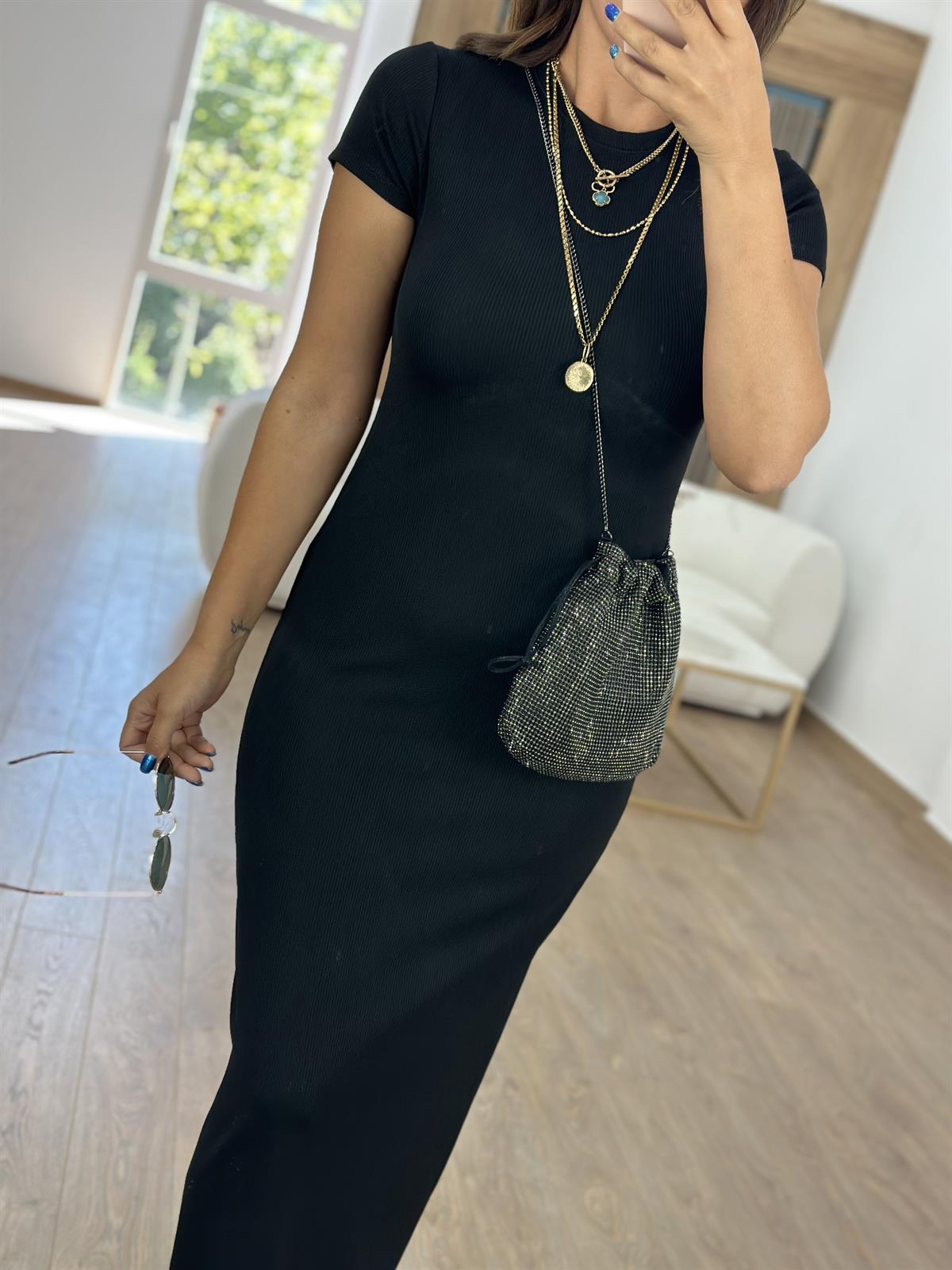 Kısa Kol Fitilli Basic Elbise- Siyah