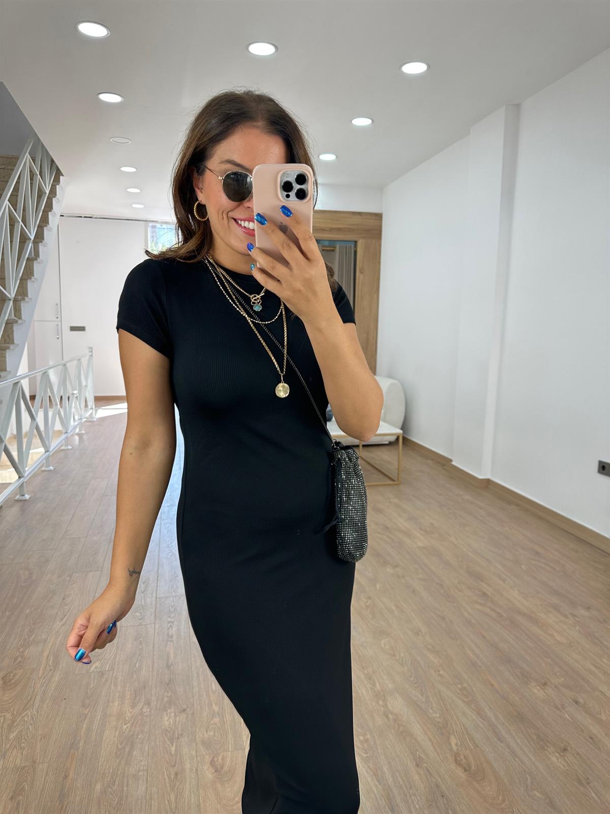 Kısa Kol Fitilli Basic Elbise- Siyah