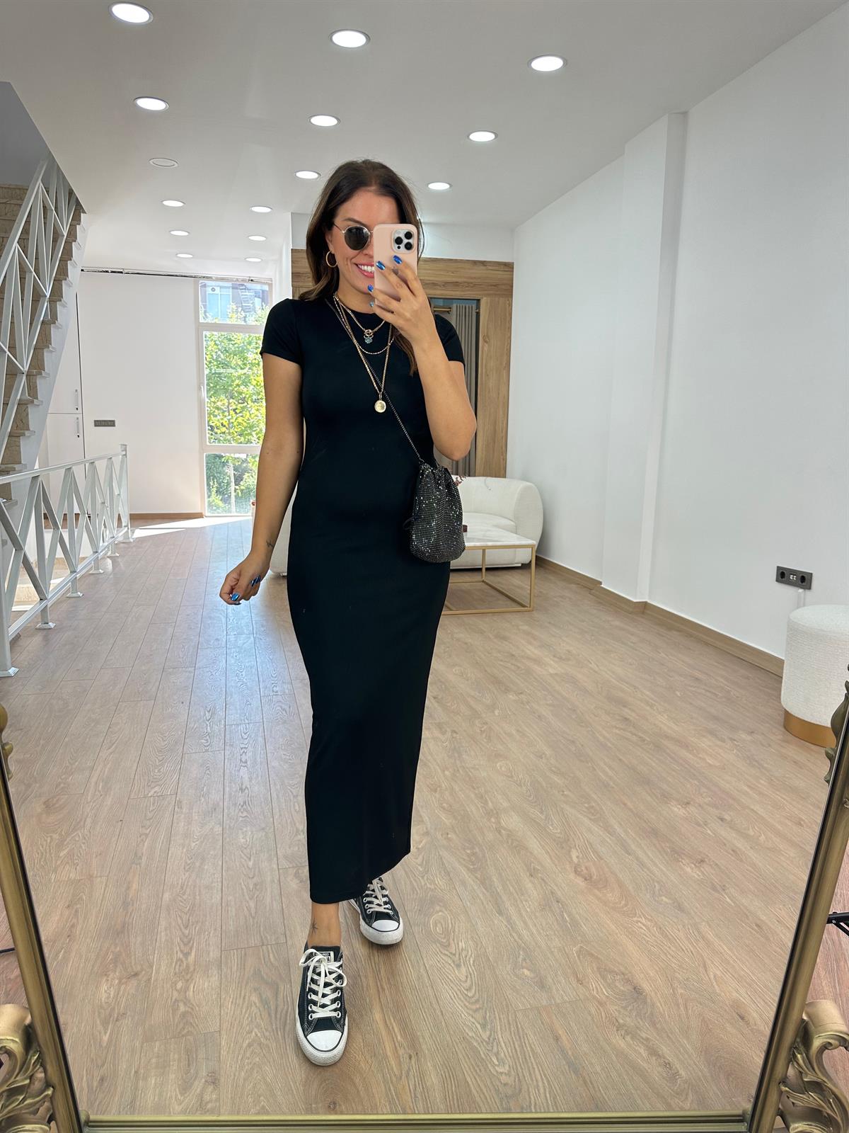 Kısa Kol Fitilli Basic Elbise- Siyah