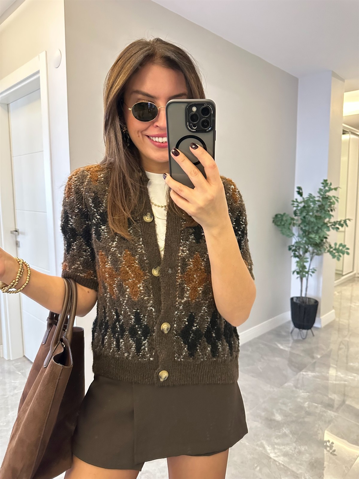 Kısa Kollu Baklava Desen Triko Hırka 