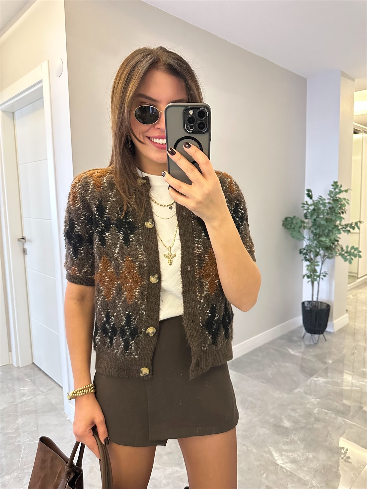 Kısa Kollu Baklava Desen Triko Hırka 