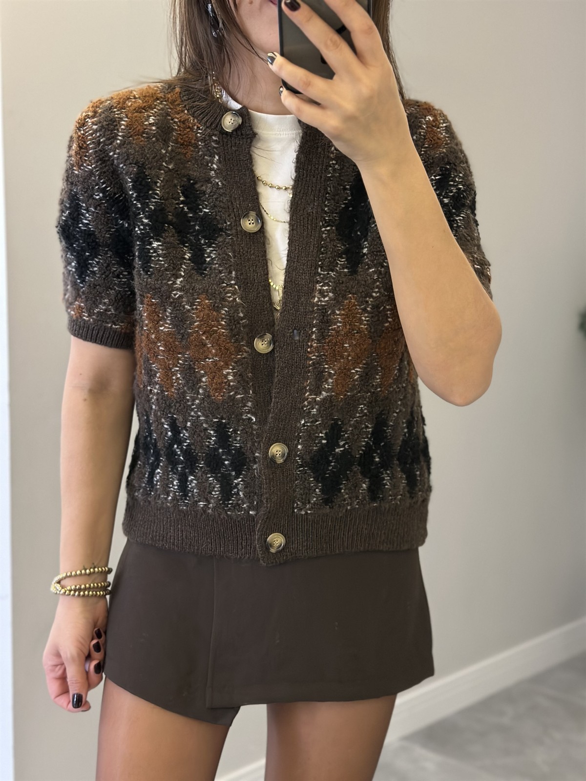 Kısa Kollu Baklava Desen Triko Hırka 