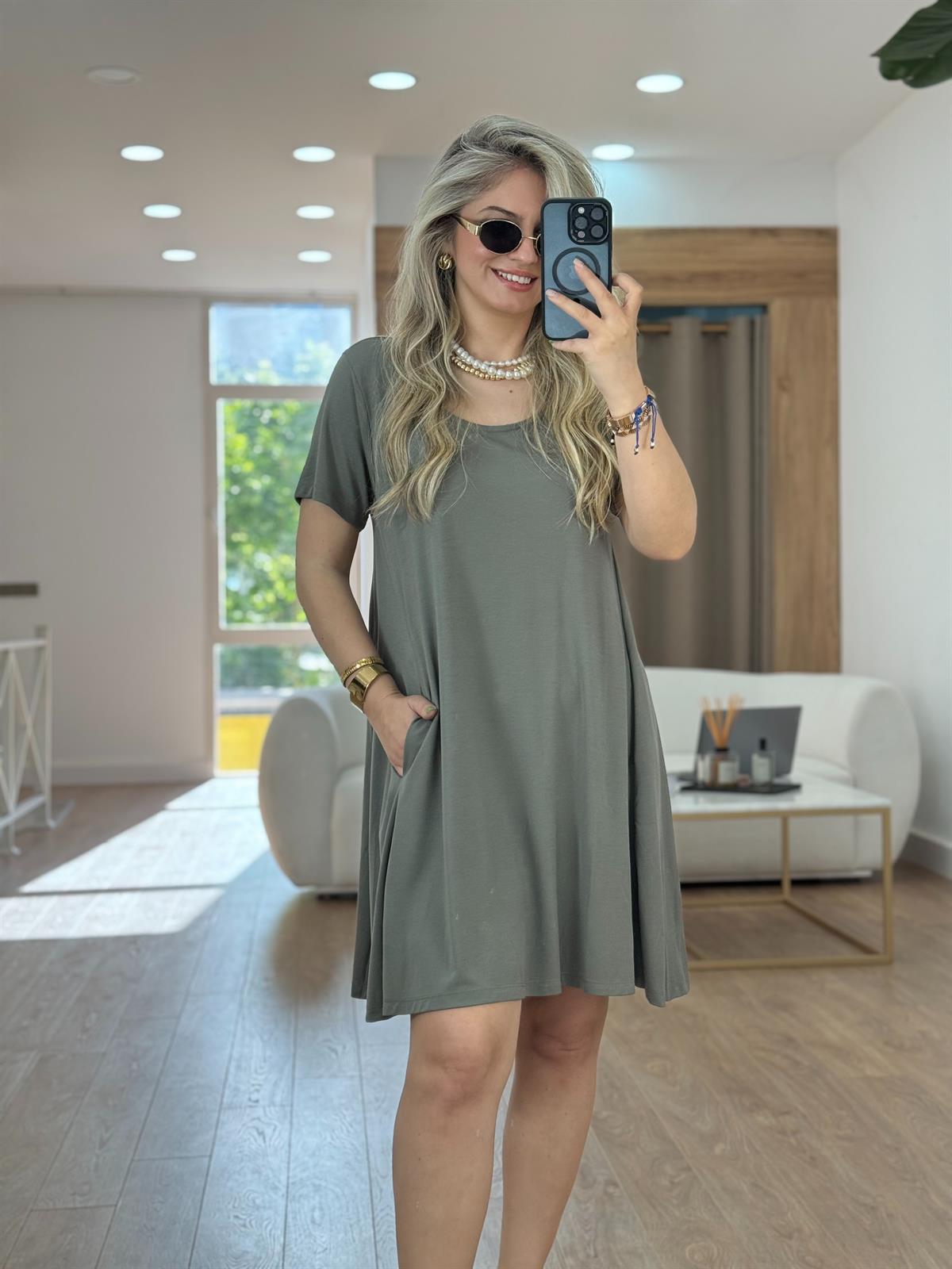 Kısa  Kollu Cepli Modal Elbise-Haki