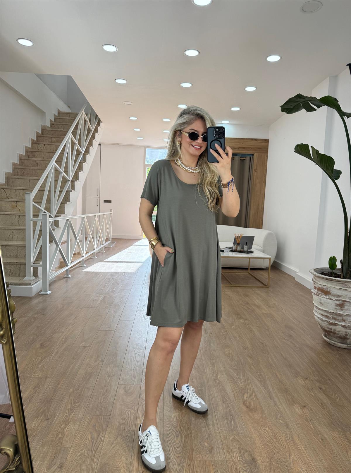 Kısa  Kollu Cepli Modal Elbise-Haki