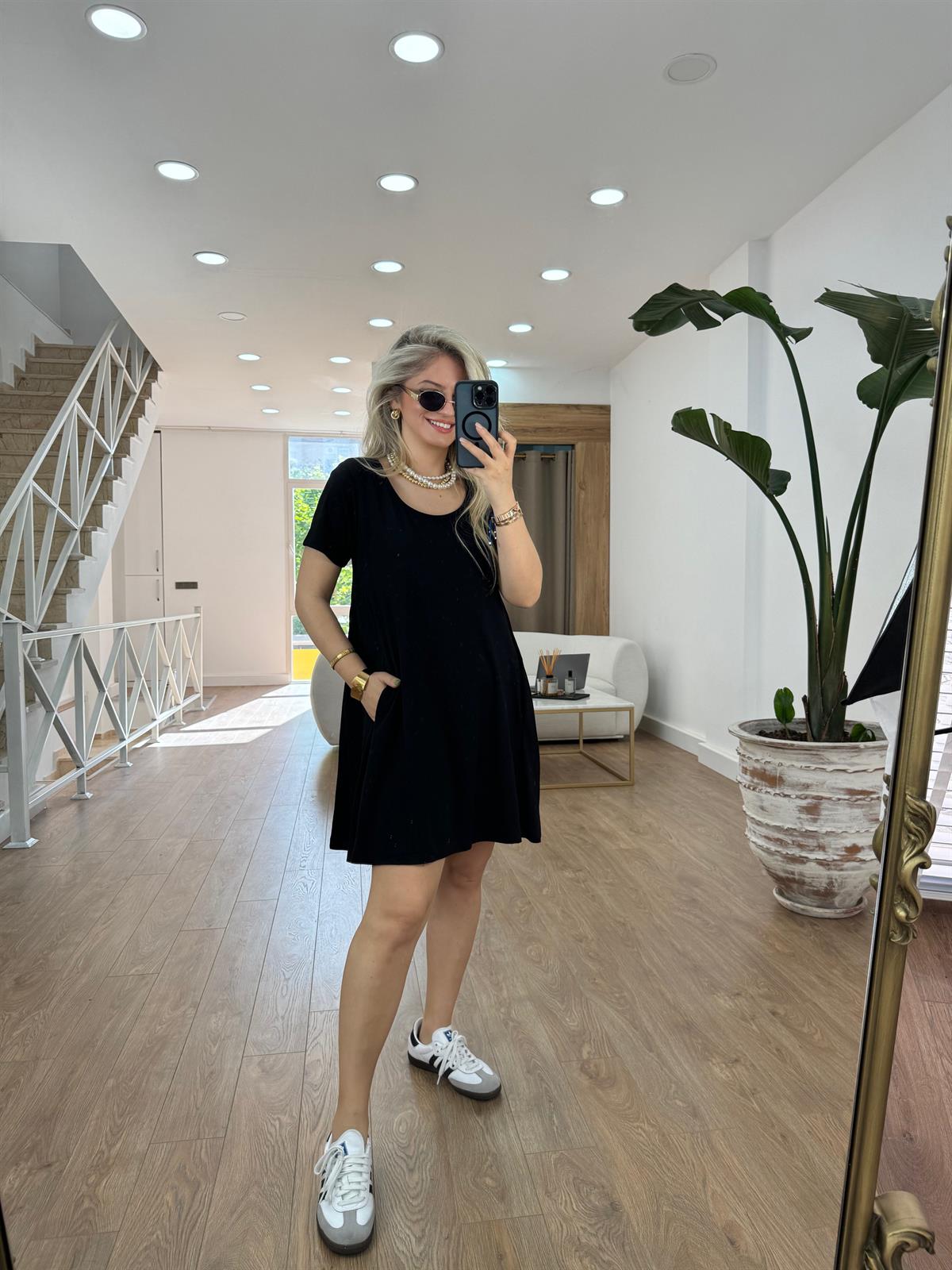 Kısa Kollu Cepli Modal Elbise-Siyah