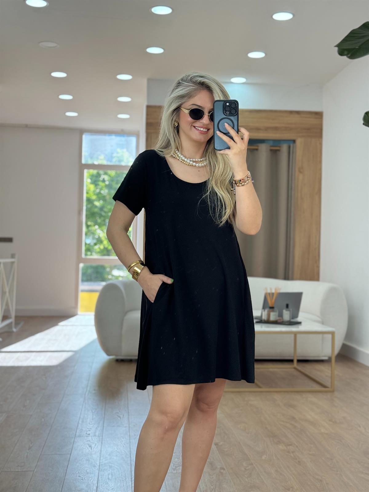 Kısa Kollu Cepli Modal Elbise-Siyah