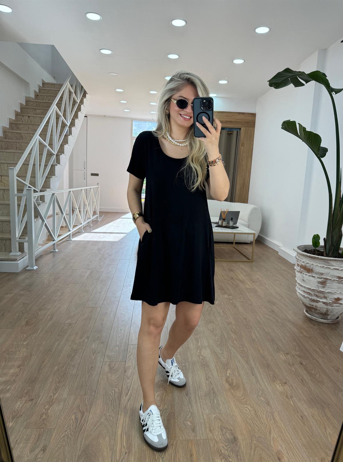 Kısa Kollu Cepli Modal Elbise-Siyah