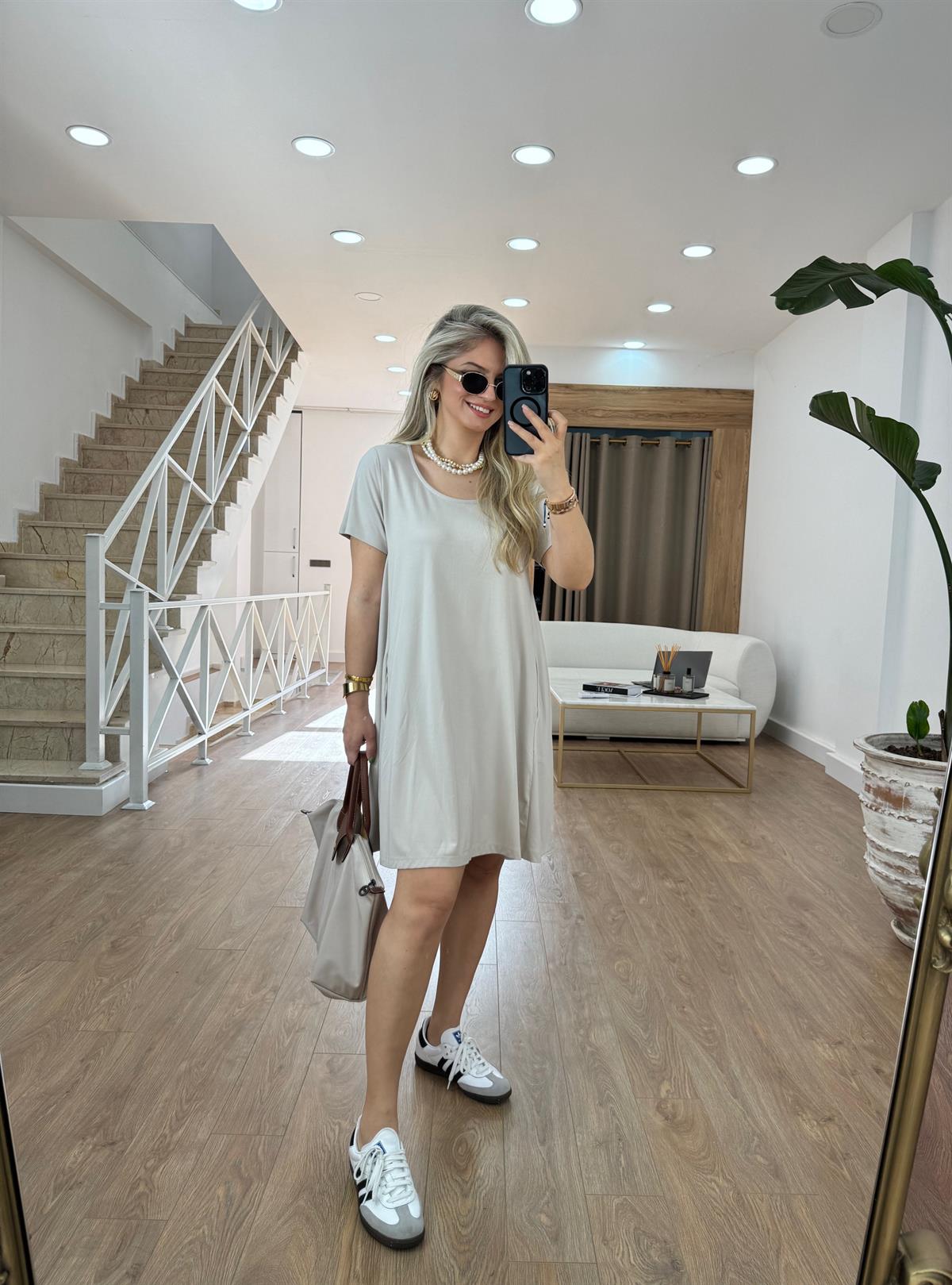 Kısa Kollu Cepli Modal Elbise-Taş