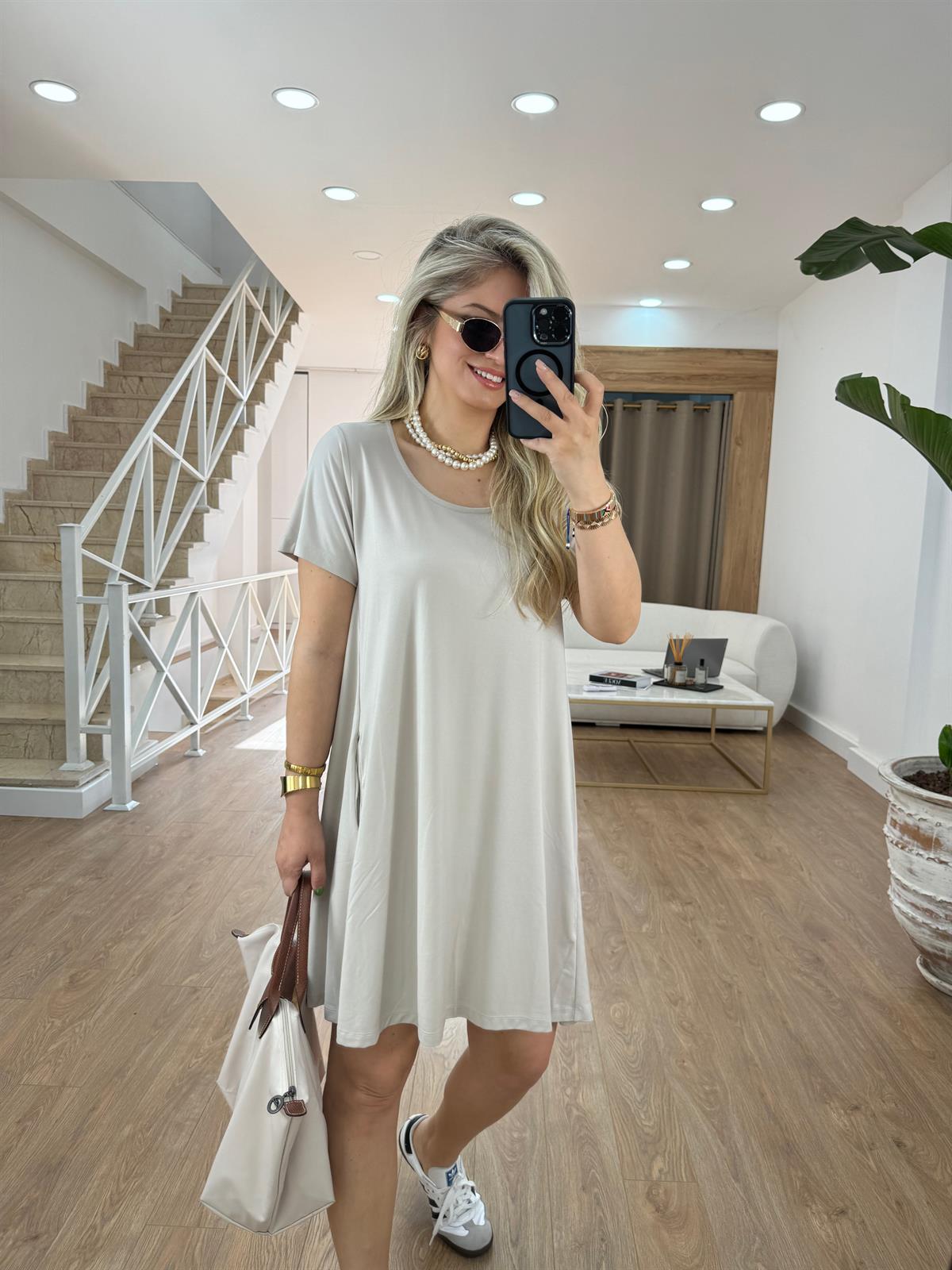 Kısa Kollu Cepli Modal Elbise-Taş