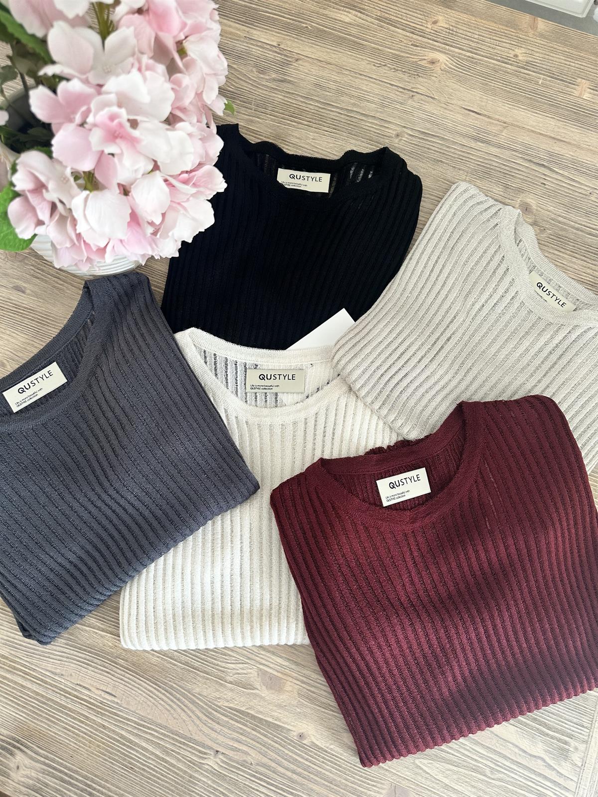 Kısa Kollu Fitilli Triko-Bordo