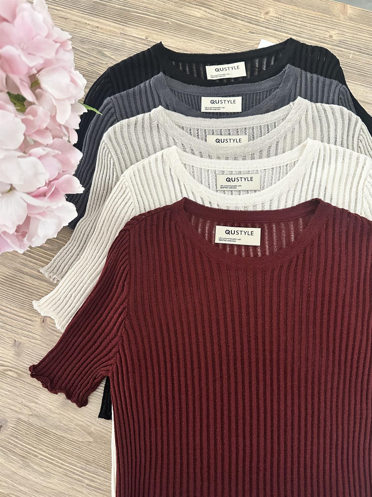 Kısa Kollu Fitilli Triko-Bordo